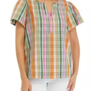 Crown & Ivy Plaid Printed Popover top‎ orange pink size large